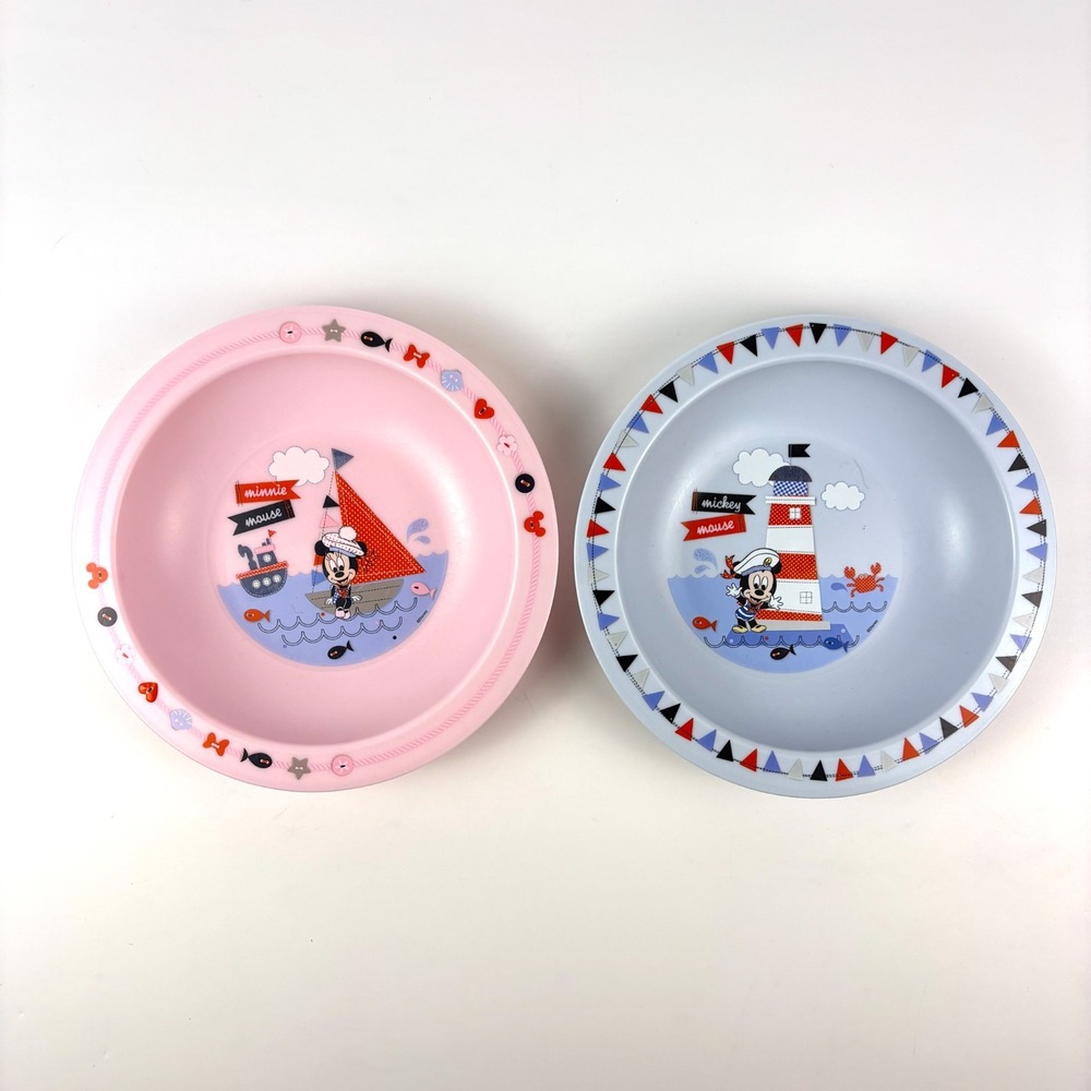 Disney Mickey Minnie Mouse Ahoy Deep Baby Feeding Bowls Blue Pink Nautical Light